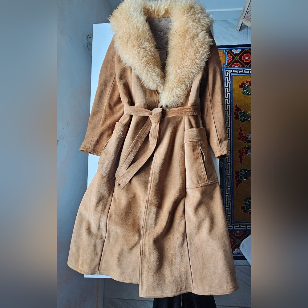 Vintage Genuine Suede Leather Tan Belted Pleated Pockets Pennylane Coat - Picture 12 of 16